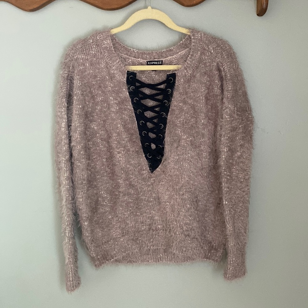 Express Fuzzy Lace Up Sweater XS